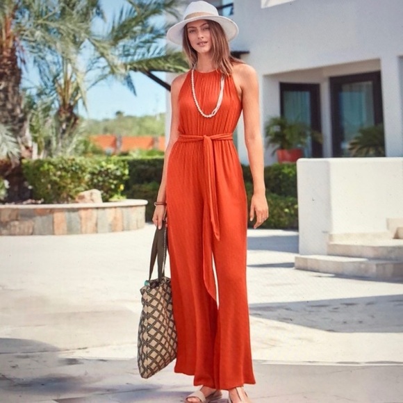 Sundance Sahara Jumpsuit Orange Halter Tie Waist Wide Leg Size XL NWT Boho - Picture 1 of 14